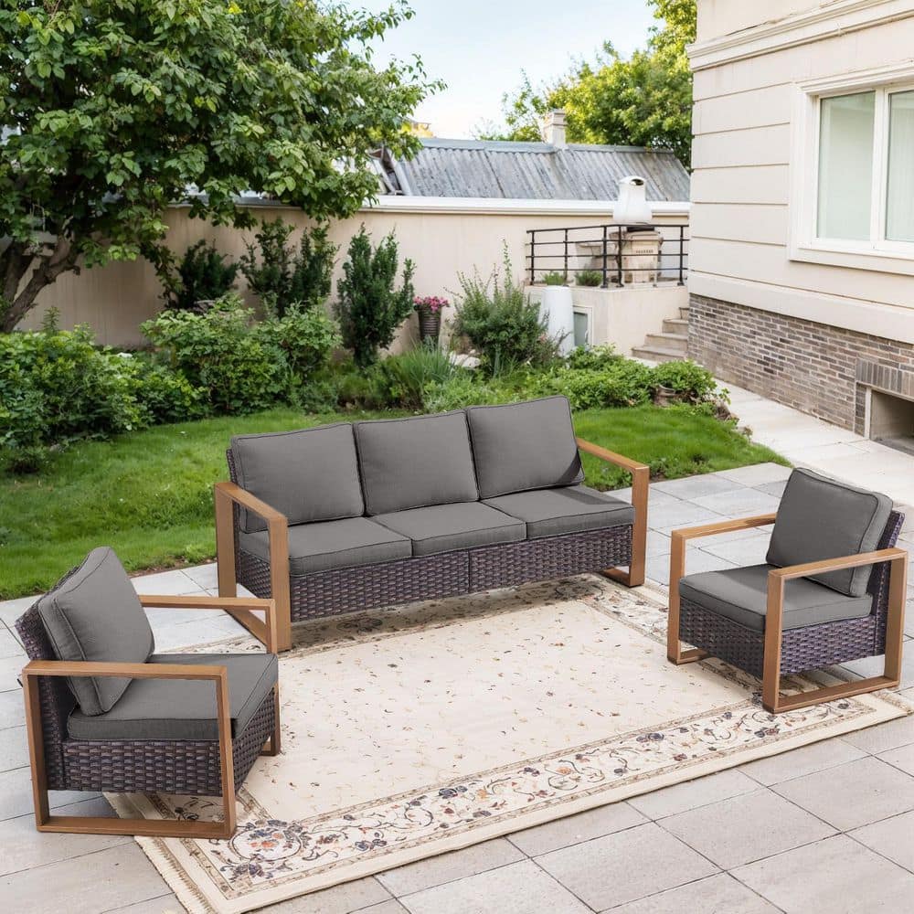 Metal Wood 3-Piece Brown Wicker Patio Conversation Set with Armchairs and 4.5 in. Olefin Gray Cushions price history on PriceWatchPro