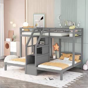 Qualler Gray Twin Over Full/Twin Bunk Bed with Storage Shelves and ...