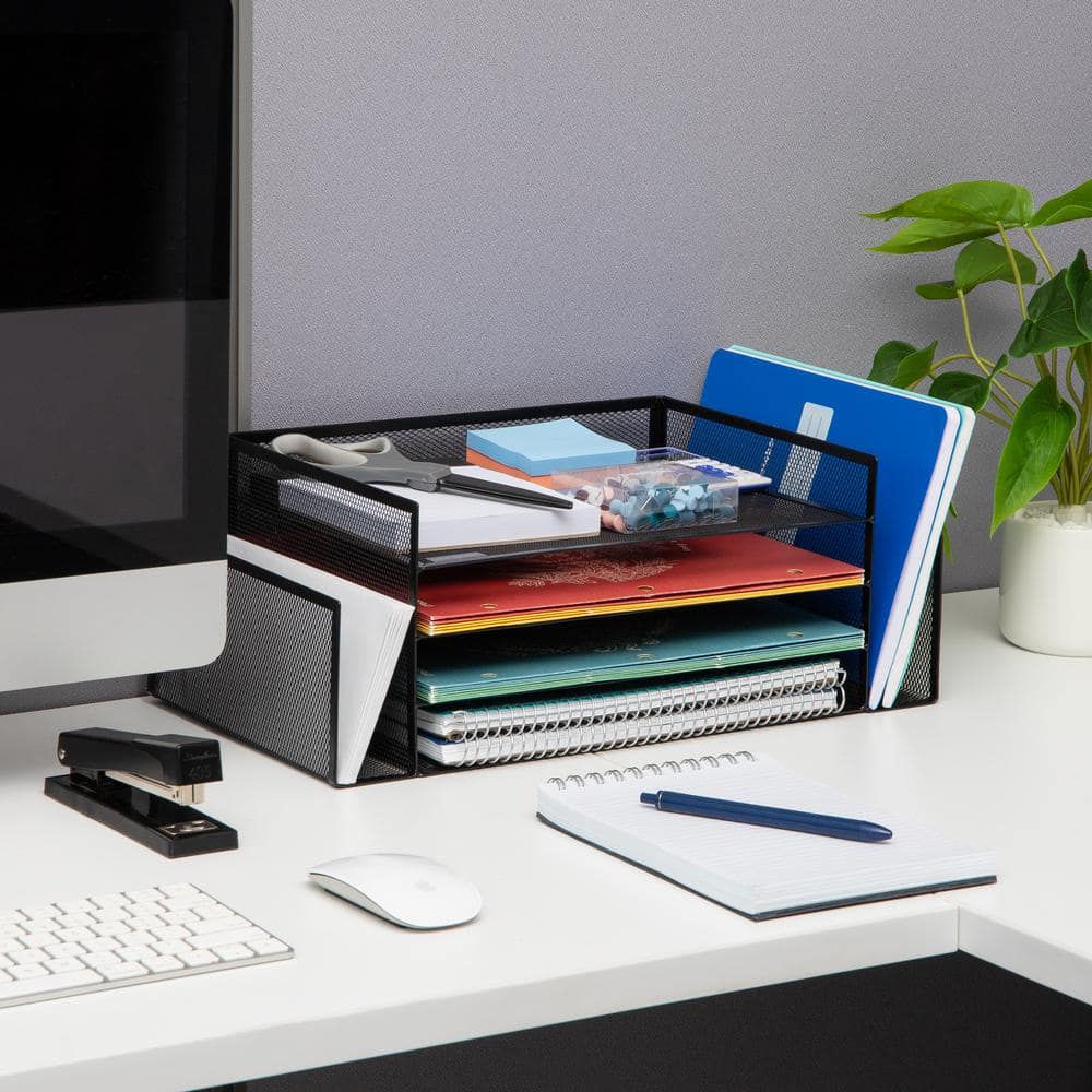 Black Metal Mesh Multifunctional Desktop Organizer with Six Compartments