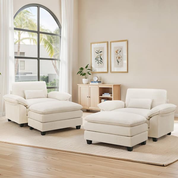 4-Piece Modern Large Beige Chenille Fabric Upholstery Accent Chair Tall Backrest Armchair with Ottoman
