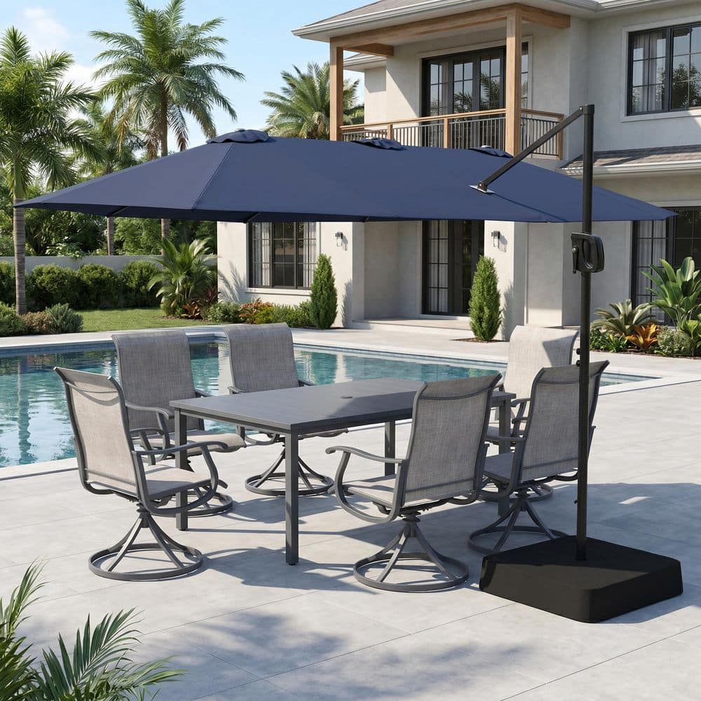 Gray 8-Piece Metal Rectangle Table Patio Outdoor Dining Set with 6 Gray Textilene Swivel Chairs and Blue Umbrella price history on PriceWatchPro
