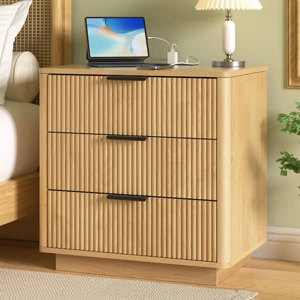 23.2 in. W 3-Drawer Wood Fluted Nightstand with Built-In Outlets
