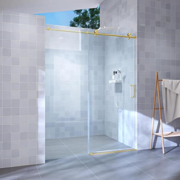 60 in. W x 76 in. H Single Sliding frameless Bypass Bathroom Shower Door with 1/4 in. Tempered Glass in Brushed Gold