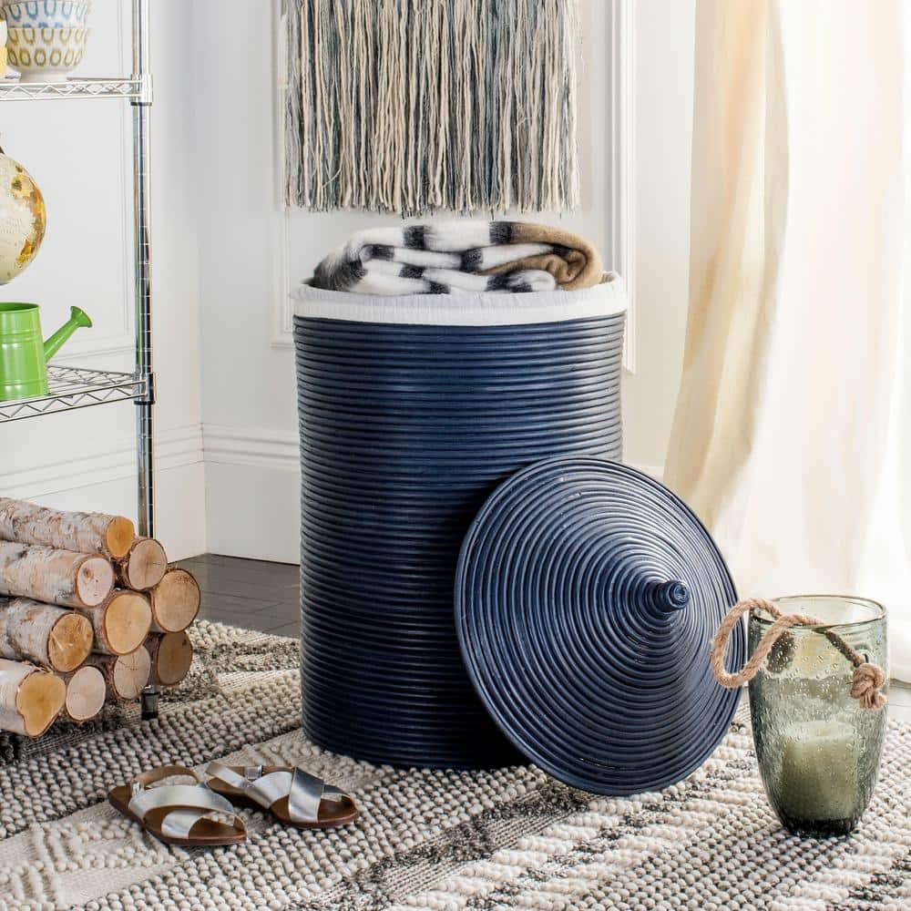 Navy and White Rattan Upright Hamper with Lid