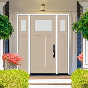 Legacy 68 in. x 80 in. 1/4 Toplite Rain Glass RHOS Primed Sandstone Finish Fiberglass Prehung Front Door w/Dbl 14 in. SL