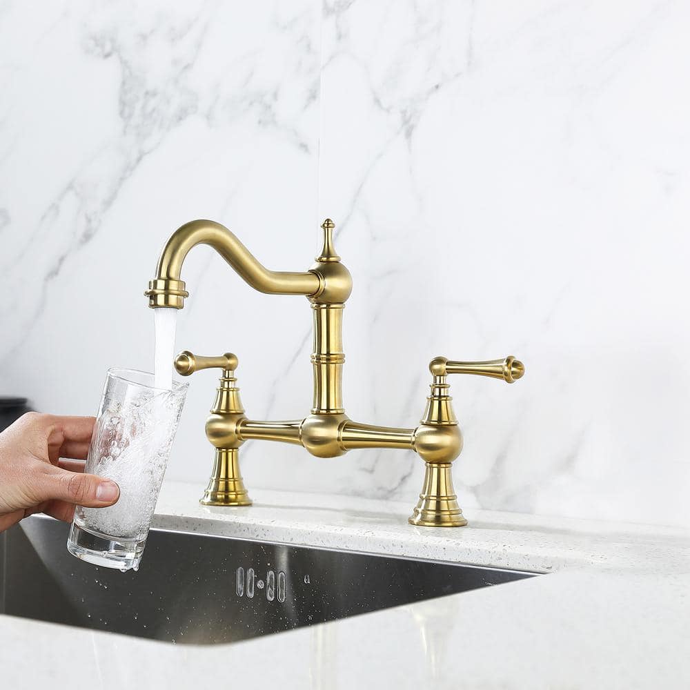 Brushed Gold Double Handle High-Arc Wall Mount Kitchen Faucet