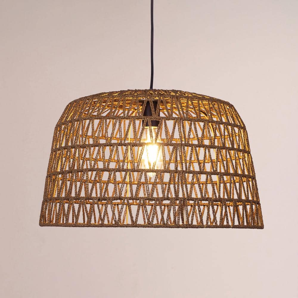 40-Watt 1-Light Brown Open Weave Pendant Light Metal and Paper Rope Shade, No Bulbs Included