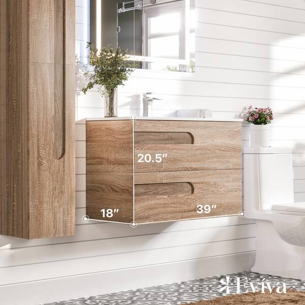 Eviva Joy 39 in. W x 18 in. D x 20.5 in. H Floating Bathroom Vanity in Maple with White Porcelain Top with White Sink