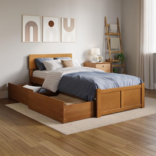 Orlando Light Toffee Natural Bronze Solid Wood Frame Twin XL Platform Bed with Footboard and Storage Drawers