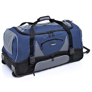 30 in. Blue/Gray 2-Section Drop-Bottom Rolling Duffel with Telescopic Handle and Blade Wheels