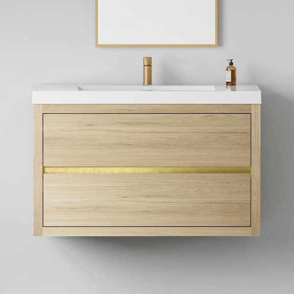 36 in. Single Sink Floating Oak Bath Vanity with White Resin Top (Assembled), Stone Resin Countertop, Water-Resistant