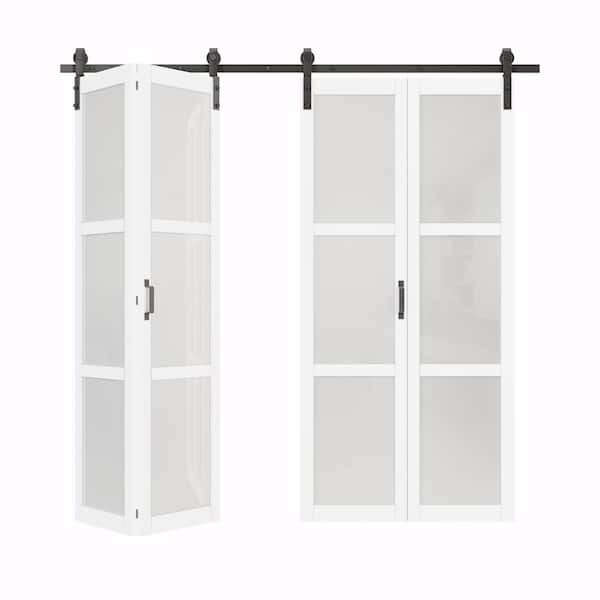 ARK DESIGN 80 in. x 84 in. 3-Lite Tempered Frosted Glass White Primed MDF Glass Bi-Fold Sliding Barn Door with Hardware Kit