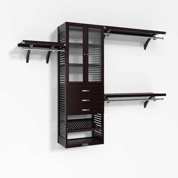John Louis Home 72 in. W - 120 in. W Espresso Walk in with 3 Drawers and Glass Door 16 in. Shelf Wood Closet System