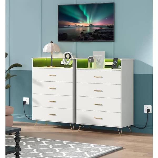 modern 4 drawer dresser white Modern 4-Drawer Slim Dresser with USB Ports, Wood Storage Cabinet for  Bedroom & Closet, Space-Saving Chest of Drawers, White