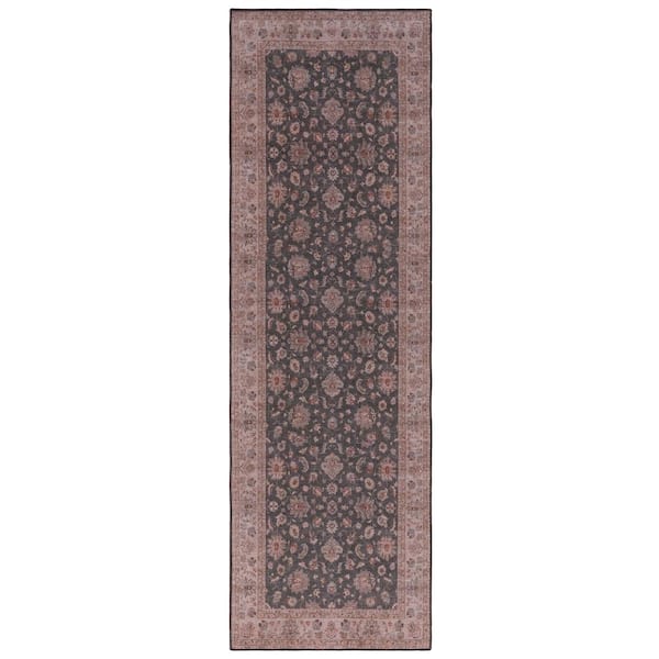 SAFAVIEH Tucson Dark Gray/Beige 3 ft. x 8 ft. Machine Washable Border Floral Runner Rug