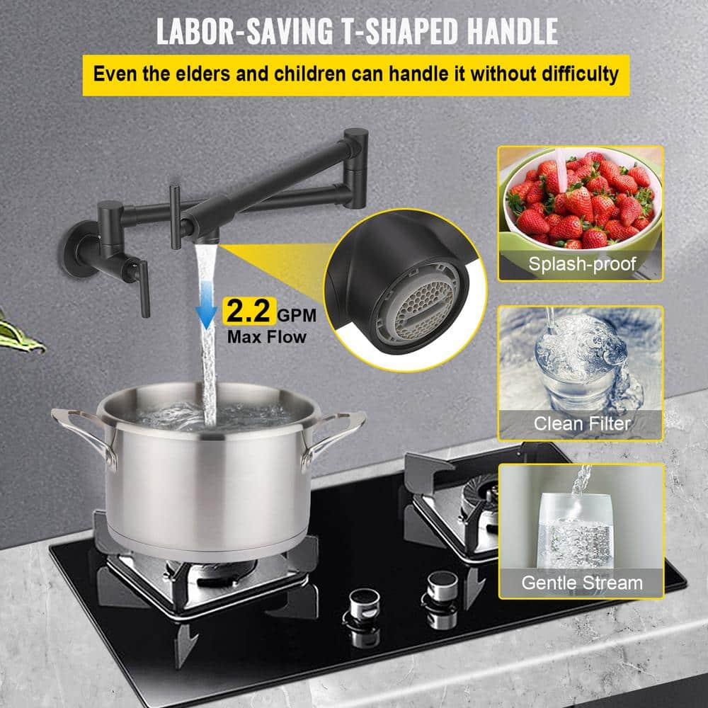 Matte Black Stainless Steel Dual Handle Wall Mount Pot Filler Faucet