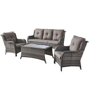 4-Piece Wicker Outdoor Patio Seating Conversation Set Sectional Sofa Glass Coffee Table with Gray Cushions