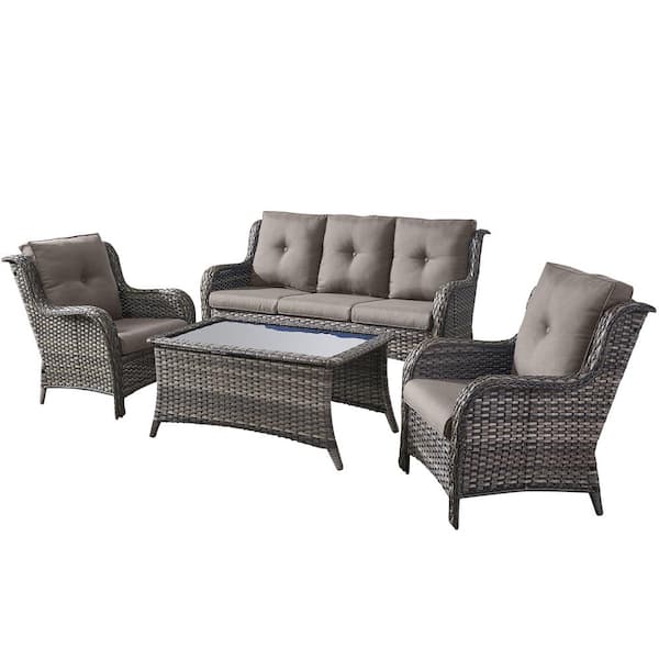 Pocassy 4-Piece Wicker Outdoor Patio Seating Conversation Set Sectional Sofa Glass Coffee Table with Gray Cushions