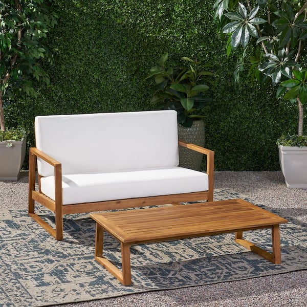 Noble House Belgian Teak Brown 2-Piece Wood Outdoor Patio Conversation Seating Set with Beige Cushions