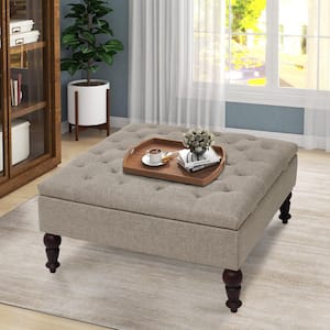 W33.8 in. x D33.8 in. x H16.9 in. Beige Fabric Upholtered Square Tufted Storage Ottoman with Wood Legs