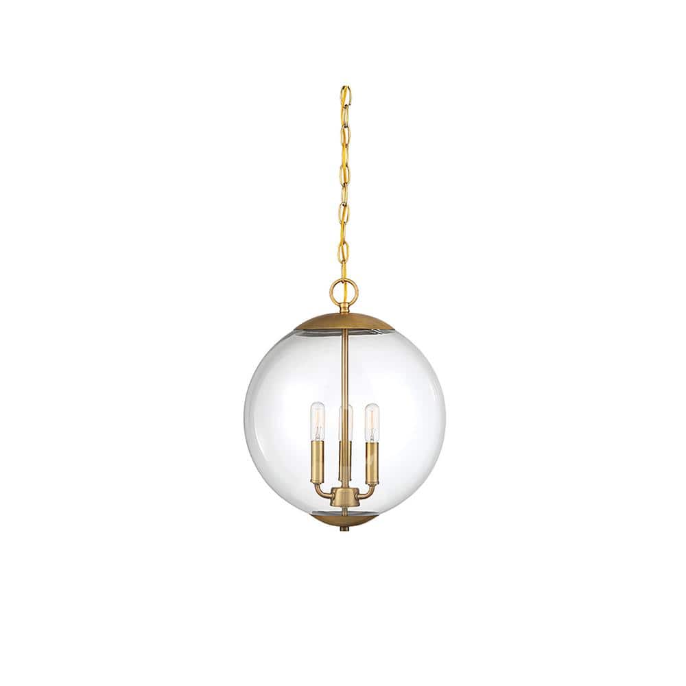 Contemporary Clear Glass Globe 3-Light Pendant in Natural Brass