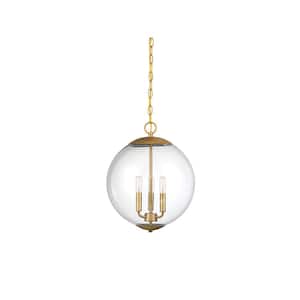 13.75 in. W x 17.13 in. H 3-Light Natural Brass Pendant Light with Clear Glass Globe Shade
