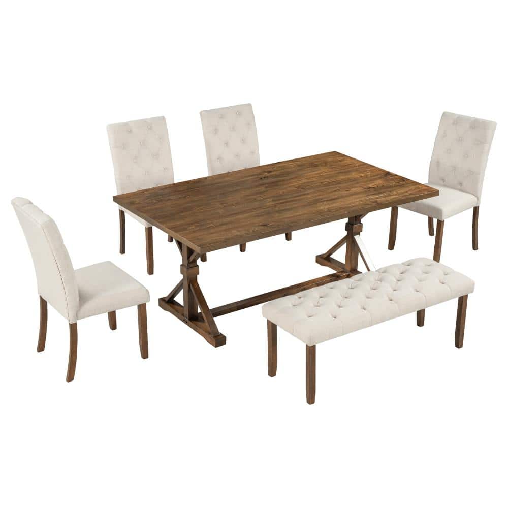6-Piece Farmhouse Dining Table Set 72 in. Walnut Solid Wood Rectangular Table with 4 Upholstered Chairs and Bench