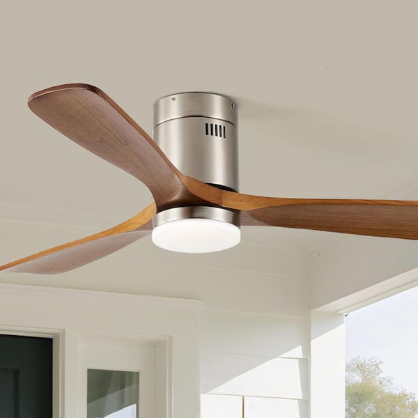 52 in. Nickel Burly Wood Flush Mount Ceiling Fan with Dimmable LED Light and Remote