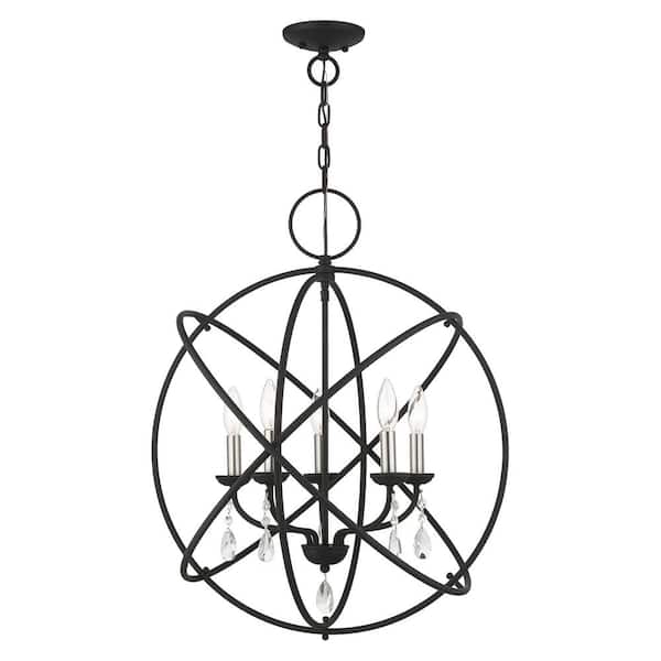 AVIANCE LIGHTING Cahill 5-Light Black Chandelier with Satin Nickel Candles and Crystals