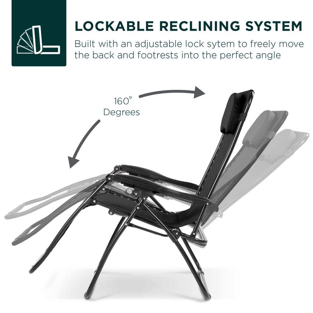 Oversized Black Steel Zero Gravity Outdoor Lounger with Cushion