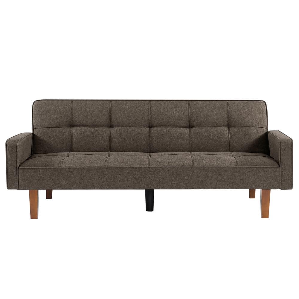 KINWELL 75 in. W Brown Mid Century Modern Convertible Linen Upholstered ...