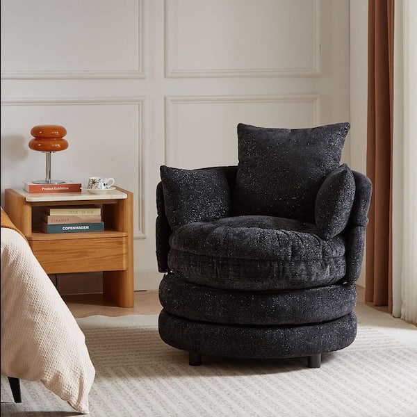 34.6 in. Width Starry Black Fabric Modern Upholstered Swivel Barrel Chair with Pillows for Bedroom or Living Room