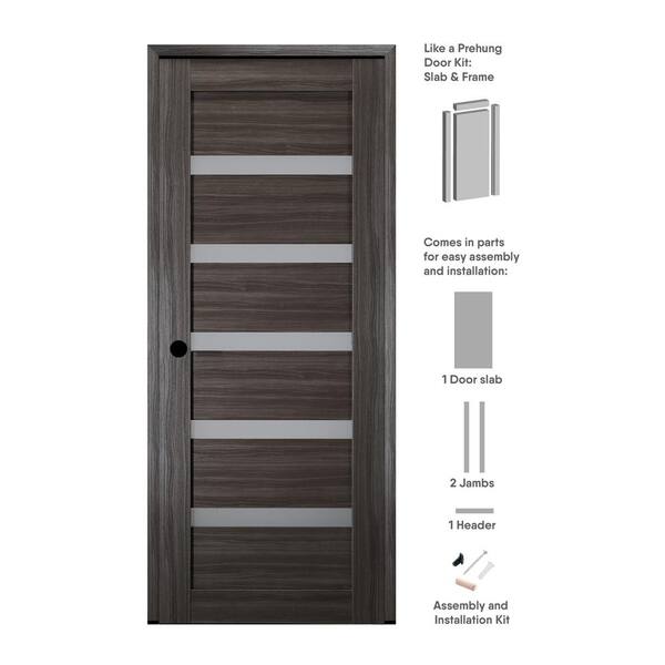 Belldinni 18 in. x 96 in. Leora Right-Hand Solid Core 7-Lite Frosted Glass Gray Oak Wood Composite Single Prehung Interior Door