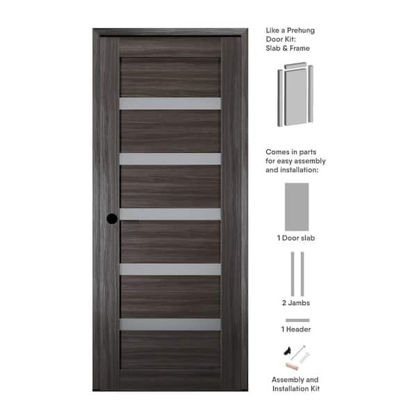 36 in. x 96 in. Leora Right-Hand Solid Core 7-Lite Frosted Glass Gray Oak Wood Composite Single Prehung Interior Door