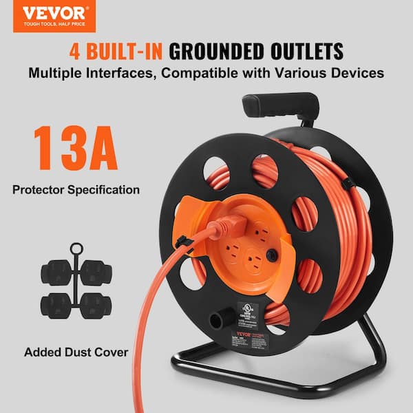 VEVOR 100 ft. Extension Cord Reel with 4 Outlets & Dust Cover, Heavy Duty 14AWG Sjtow Power Cord, Manual Cord Reel with Portable Handle Circuit