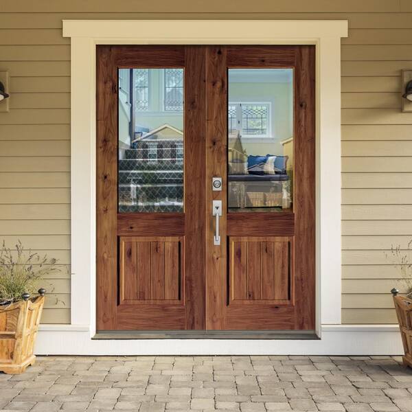 64 in. x 96 in. Rustic Knotty Alder Clear Half-Lite Unfinished Wood with V-Groove Right Active Double Prehung Front Door
