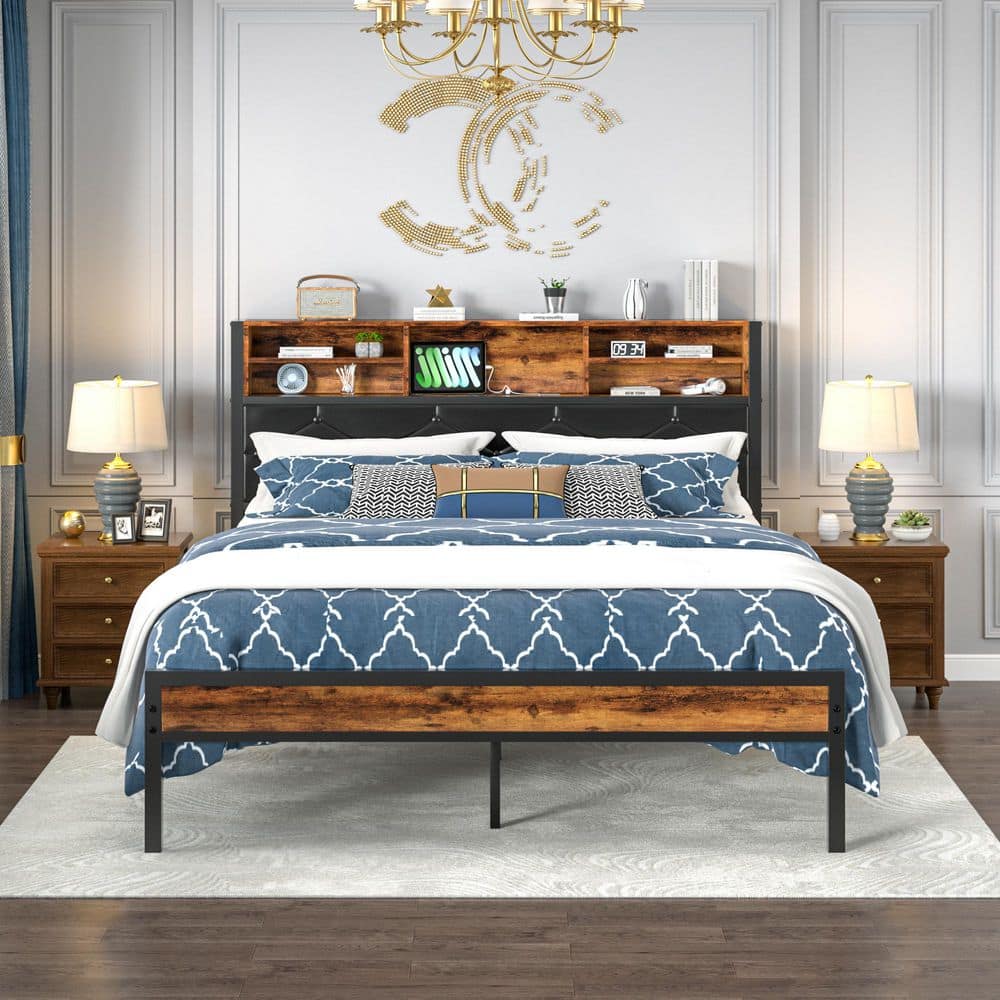 Bed Frame with Headboard, Brown Metal Frame Queen Platform Bed with USB Charging, LED Lights, No Box Spring Needed - thumbnail 9