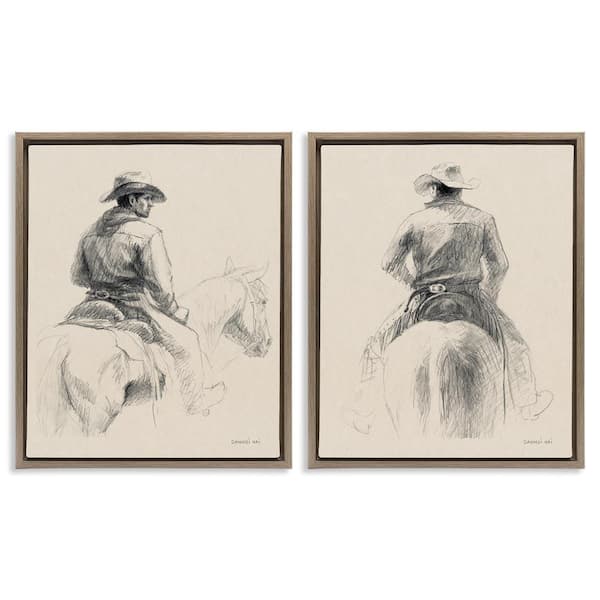 Sketched Cowboy on Range by Danhui Nai 2-Pieces Brown Floater Frame People Graphic Art Print 21 in. x 17 in.