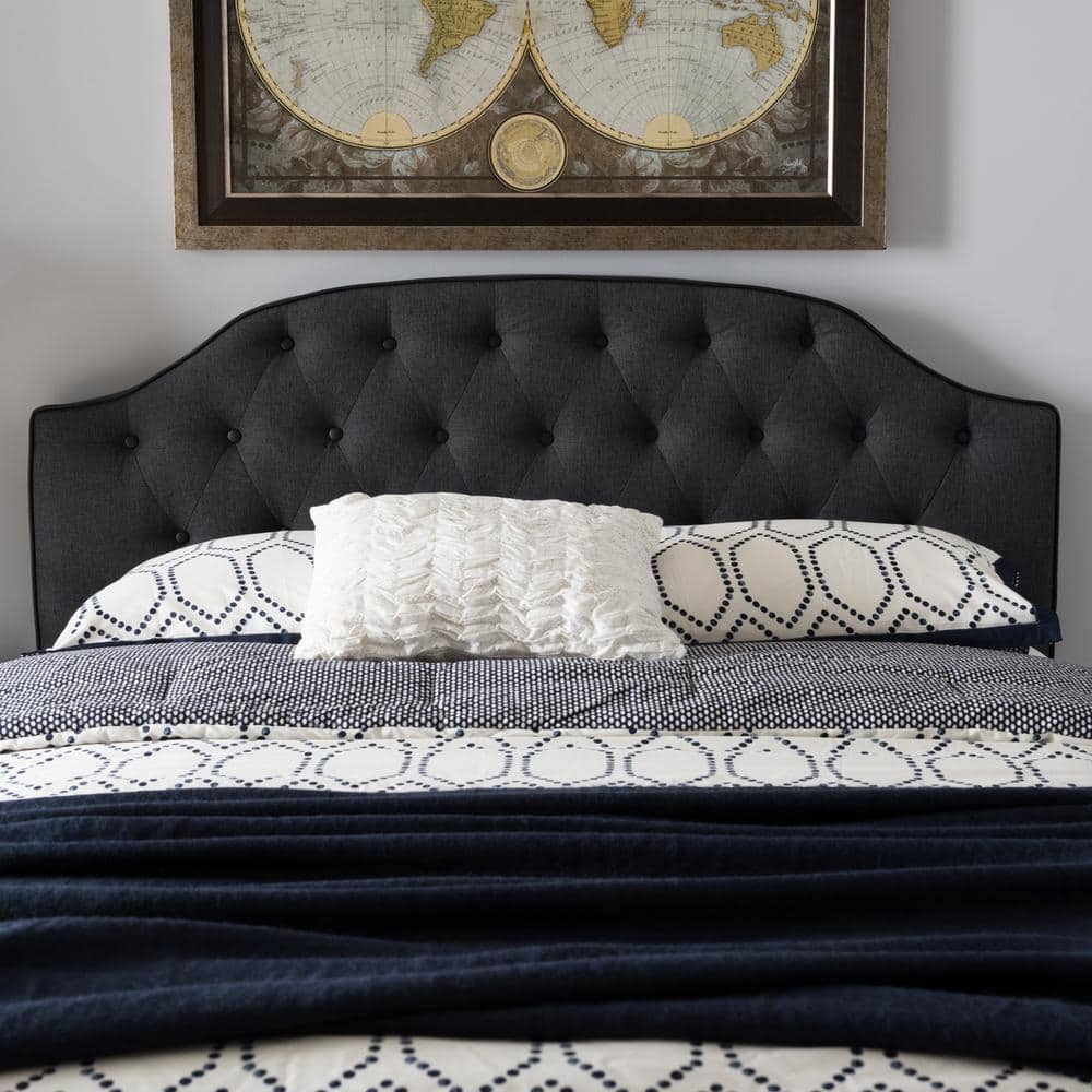 Dark Gray Tufted Upholstered Queen Headboard with Faux Leather Buttons