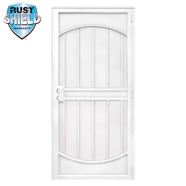36 in. x 80 in. Arcada MAX Rust Shield White Surface Mount Outswing Steel Security Door with Perforated Metal Screen