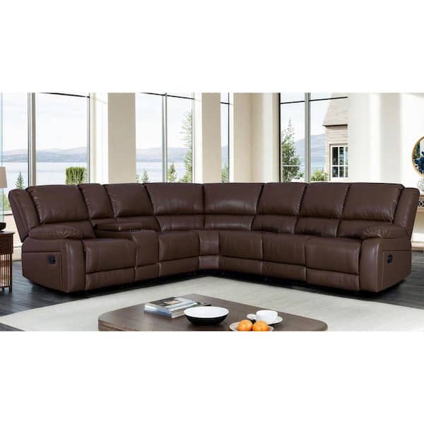 131 in. 7 Pieces Modular Modern Faux Leather Manual Reclining Sectional Sofa With Console in Brown