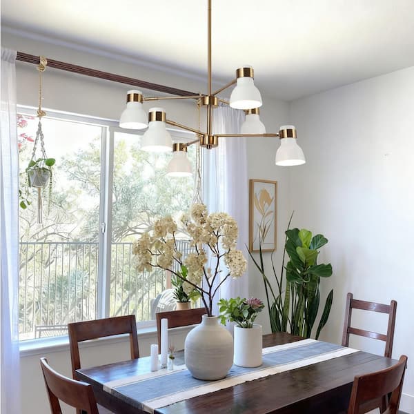 Rustic Farmhouse 6-Light Brass Gold and White Sputnik Chandelier, Adjustable Hanging Pendant Light for Dining Room