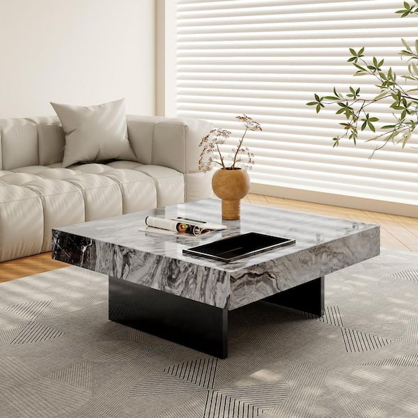 33 in. Mid Century Modern Vicenza Brown Square Sintered StONE Coffee Table with Marble Pattern and Stainless Steel Legs
