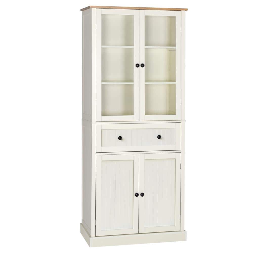 YOLENY Kitchen Pantry Elegant Colonial Design Cabinet Cupboard with 3 Adjustable Shelves and 1 Storage Drawer,White 72” Freestanding Storage Cabinets with Doors and Shelves