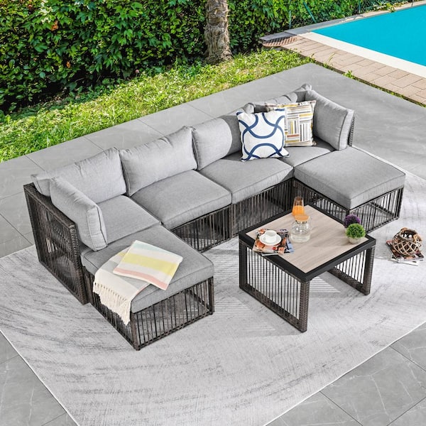 Patio Festival 7-Piece Wicker Patio Conversation Deep Seating Set with Gray Cushions
