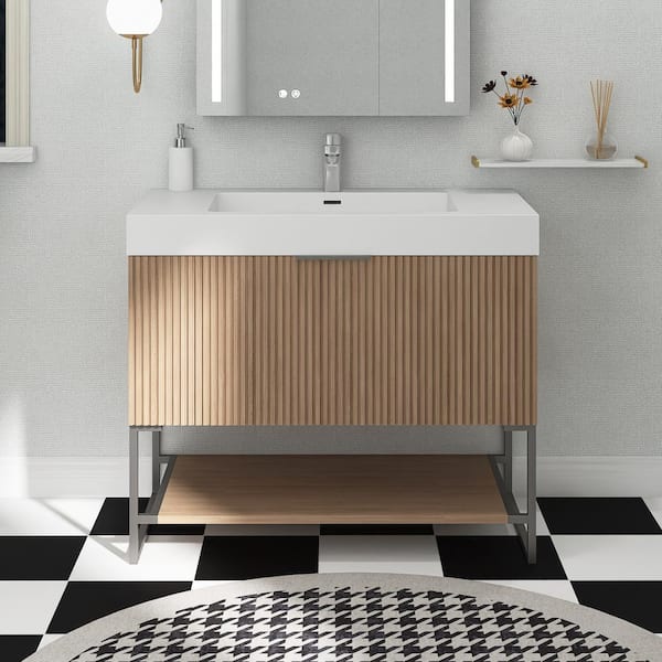 36 in. W x 19.7 in. D x 33.5 in. H Single Sink Freestanding Bath Vanity in Brown Oak with White Acrylic Top
