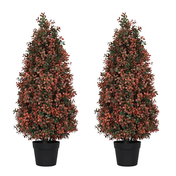 Set of 2 2.95 ft. Red Artificial Topiary Tree Bonsai-UV-Resistant Faux Outdoor Decor for Porch & Patio