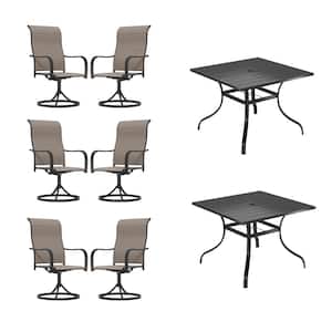 8-Piece Steel Textiliene Swivel Chair Square Table 28.5 in. H Patio Dining Set with Umbrella Hole