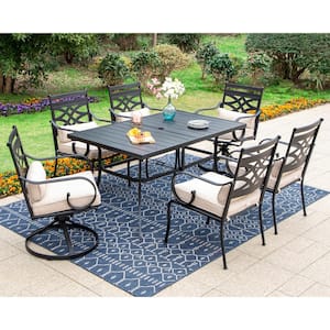 7-Piece Metal Outdoor Dining Set with Black Rectangle Dining Table and Beige Cushions