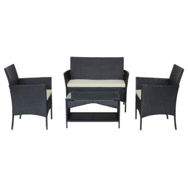 Alpulon 4-Piece Rattan Outdoor Conversation Seating Set with Beige Cushion and Patio Tempered Glass Table
